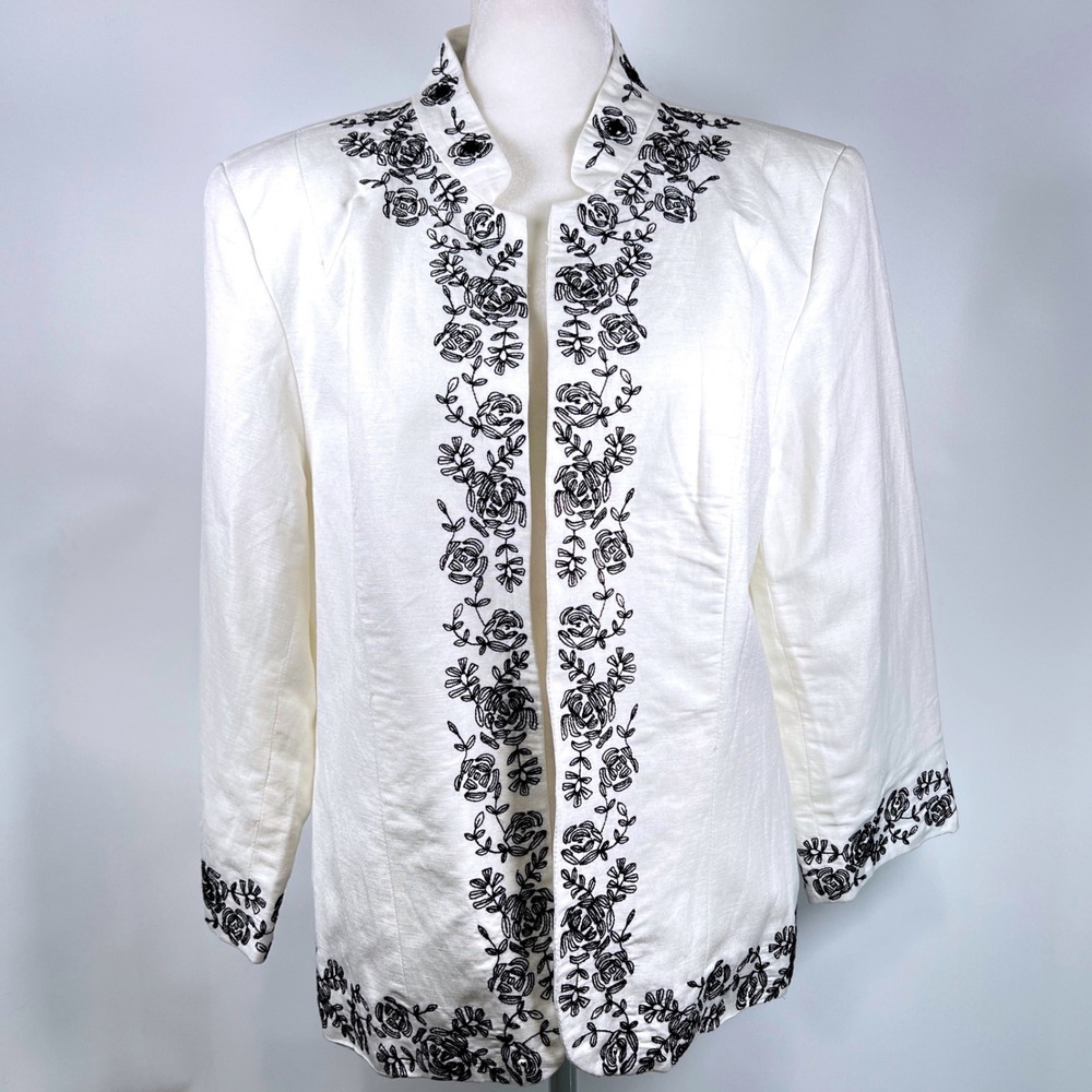 Dressbarn Womens White Linen Blend Embroidered Floral Open Front Blazer Large‎